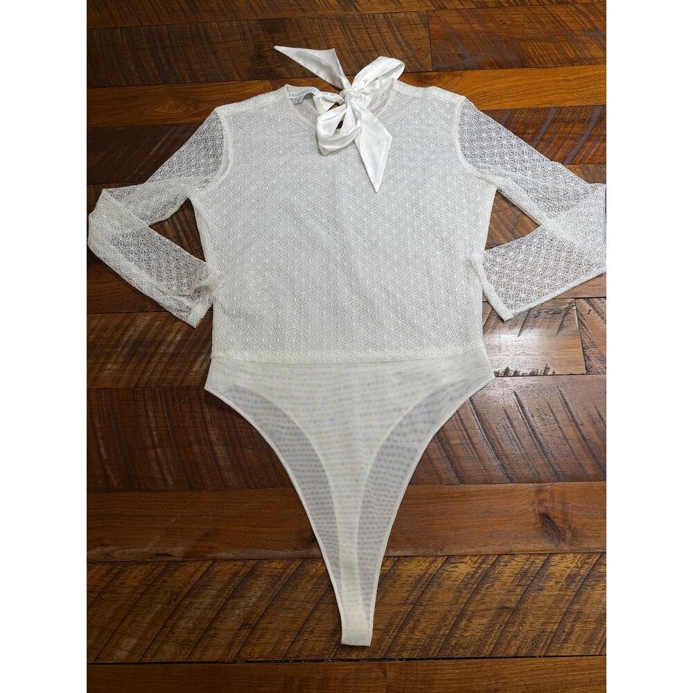 Les Aimants Sheer Long Sleeve Cream Bodysuit With Neck Tie